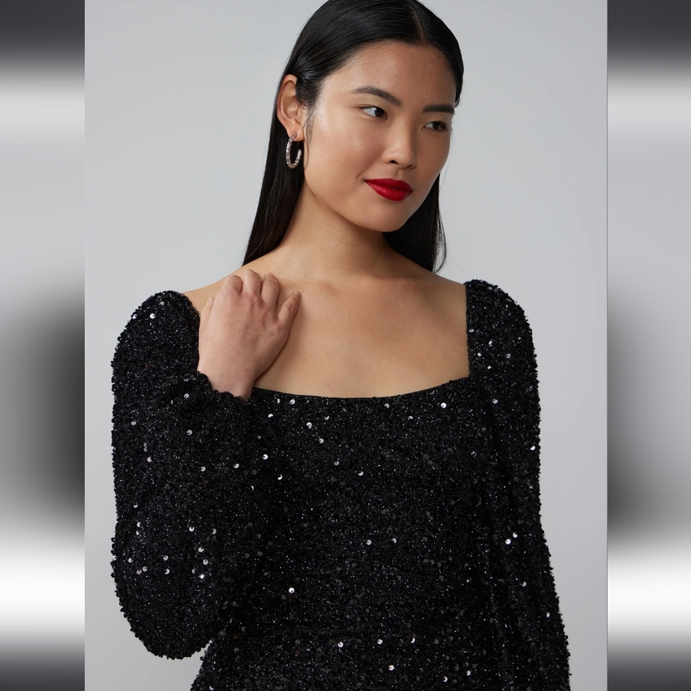 Square Neck Sequin Tinsel Shift Dress - Picture 4 of 7